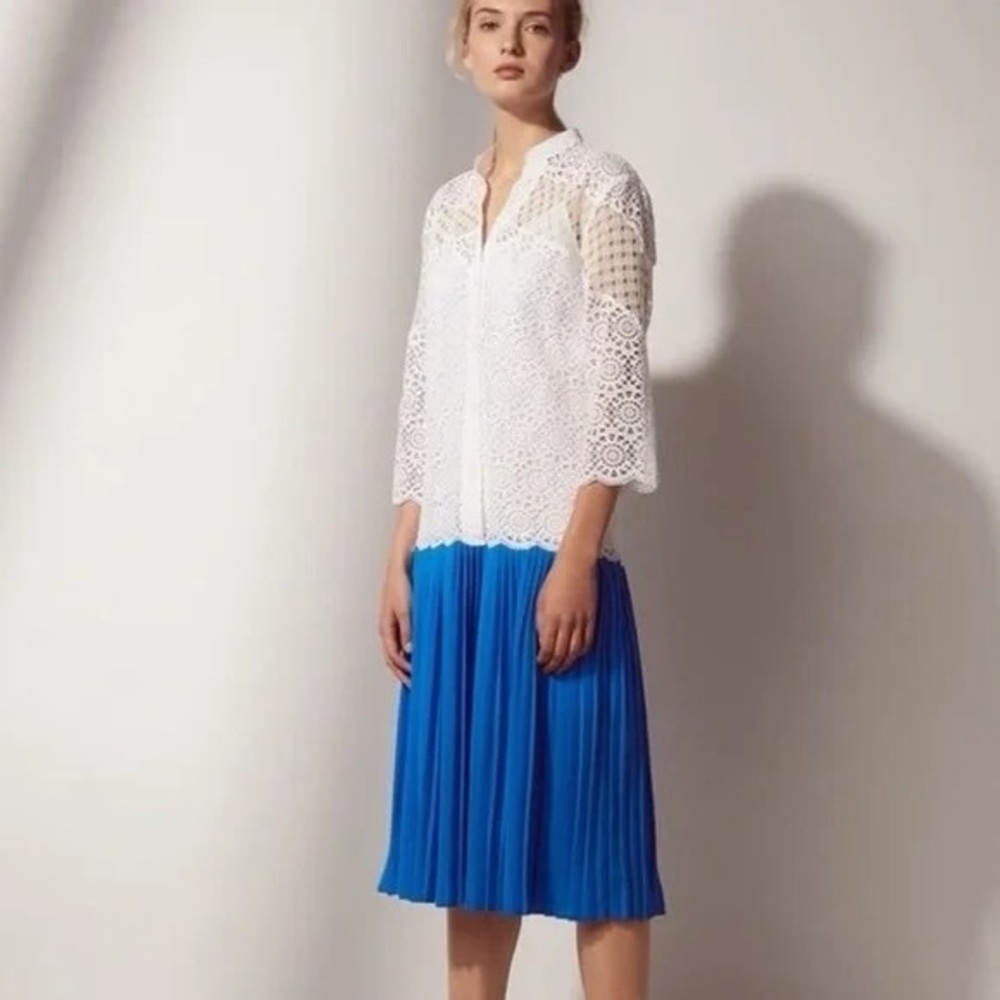 Sandro White Lace and Blue Pleated Midi Dress Size 36 NWT！
